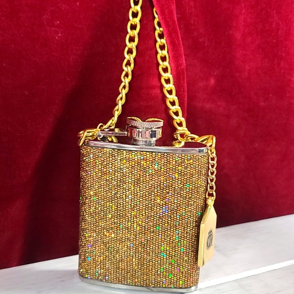 Glamorous gold glitter, flask wristlet, stainless steel, removable chain,NWT NIB - Picture 5 of 9